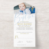 Gold Cross Pale Blue Script Photo Baptism Foil All In One Uitnodiging (Binnenkant)