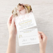 Gold Cross Pale Pink Script Photo Baptism Foil All In One Uitnodiging (Uittrekbaar)