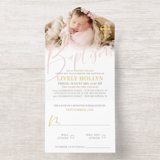 Gold Cross Pale Pink Script Photo Baptism Foil All In One Uitnodiging (Binnenkant)