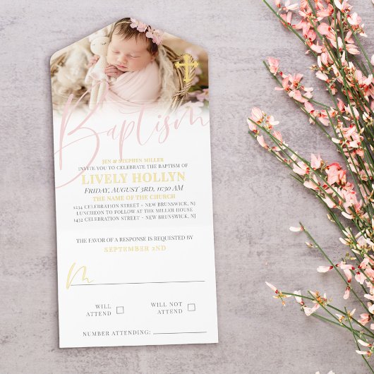 Gold Cross Pale Pink Script Photo Baptism Foil All In One Uitnodiging