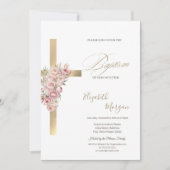  Gold Cross Pink Flowers Baptism Glitter Confetti Kaart (Voorkant)