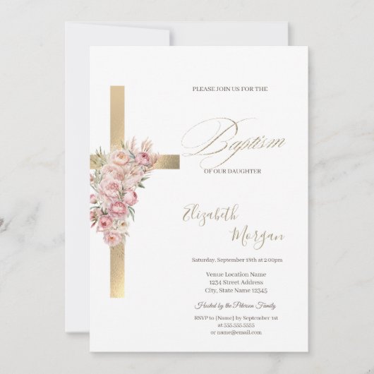  Gold Cross Pink Flowers Baptism Glitter Confetti Kaart (Voorkant)
