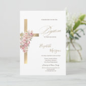  Gold Cross Pink Flowers Baptism Glitter Confetti Kaart (Staand voorkant)