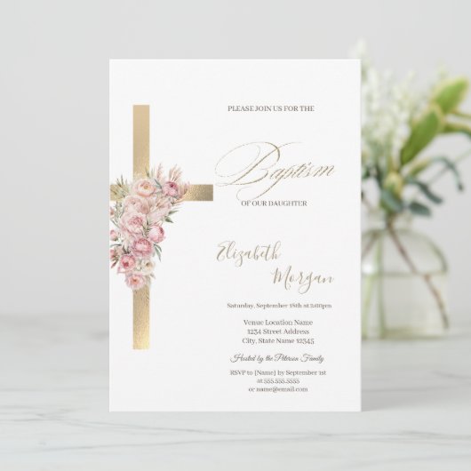  Gold Cross Pink Flowers Baptism Glitter Confetti Kaart (Staand voorkant)