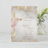 Gold Cross Pink Flowers Baptism Glitter Gold Kaart (Staand voorkant)