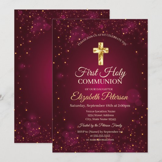 Gold Cross Red Confetti Eerste Heilige Communie Kaart (Voorkant / Achterkant)