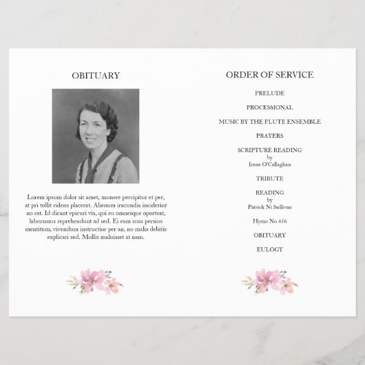 Gold cross, roze bouquet-herdenkingsprogramma flyer (Achterkant)