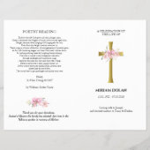 Gold cross, roze bouquet-herdenkingsprogramma flyer (Voorkant)
