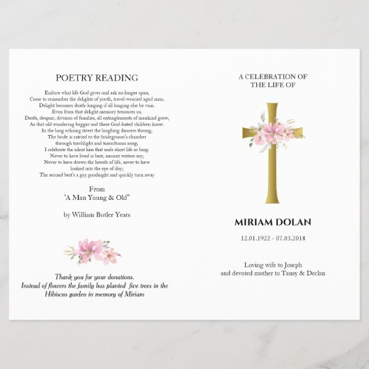 Gold cross, roze bouquet-herdenkingsprogramma flyer (Voorkant)