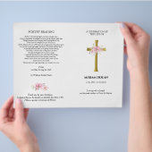 Gold cross, roze bouquet-herdenkingsprogramma flyer (Hand)