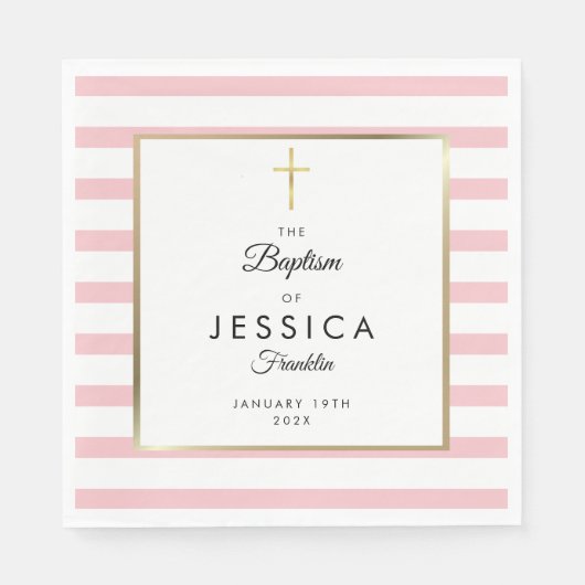 Gold Cross-Roze Stripe Baptisme Christening Servet (Voorkant)