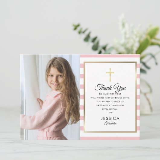 Gold Cross Roze Stripe First Heilige CommunFoto Bedankkaart (Staand voorkant)