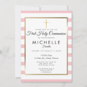 Gold Cross-Roze Stripe First Heilige Communie Kaart (Voorkant)