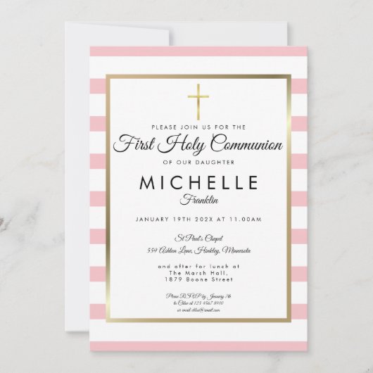 Gold Cross-Roze Stripe First Heilige Communie Kaart (Voorkant)