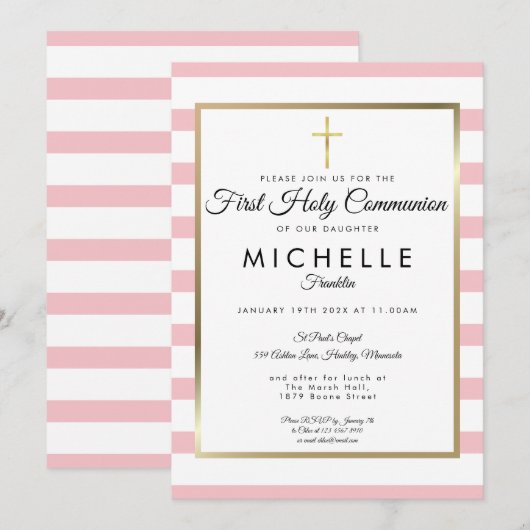 Gold Cross-Roze Stripe First Heilige Communie Kaart (Voorkant / Achterkant)