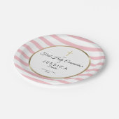 Gold Cross-Roze Stripe First Heilige Communie Papieren Bordje (Gekanteld)