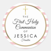 Gold Cross-Roze Stripe First Heilige Communie Ronde Sticker (Voorkant)