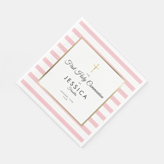 Gold Cross-Roze Stripe First Heilige Communie Servet (Hoek)