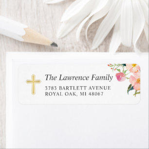 Gold Cross Roze Waterverf Floral Return Address Etiket