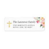 Gold Cross Roze Waterverf Floral Return Address Etiket (Voorkant)