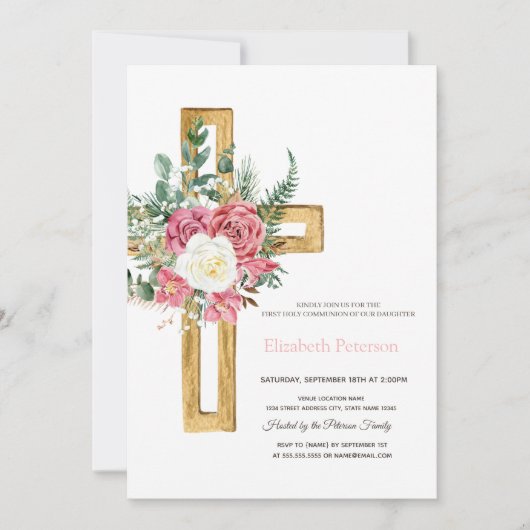 Gold Cross-Rozen, Dotted First Heilige Communie Kaart (Voorkant)