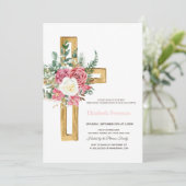 Gold Cross-Rozen, Dotted First Heilige Communie Kaart (Staand voorkant)