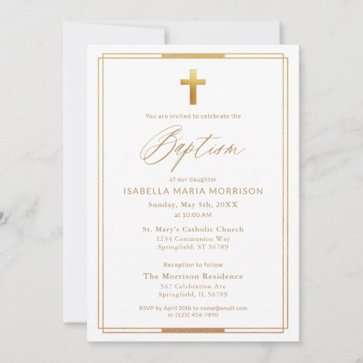 Gold Cross Script Typografie Chic Elegant Doopsel Kaart (Voorkant)