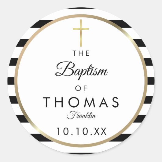 Gold Cross Stripe Baptisme Christening Ronde Sticker (Voorkant)