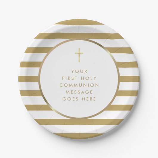 Gold Cross Stripe First Heilige Commune Message Papieren Bordje (Voorkant)