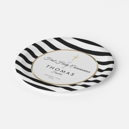 Gold Cross Stripe First Heilige Communie Papieren Bordje (Gekanteld)