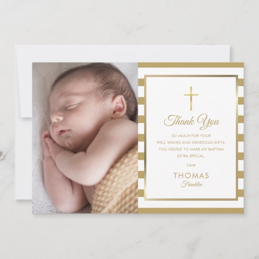 Gold Cross Striped Baptism Christening Foto Bedankkaart (Voorkant)
