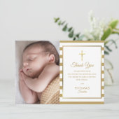 Gold Cross Striped Baptism Christening Foto Bedankkaart (Staand voorkant)
