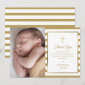 Gold Cross Striped Baptism Christening Foto Bedankkaart (Voorkant / Achterkant)