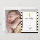 Gold Cross Striped Baptism Christening Foto Bedankkaart (Voorkant)