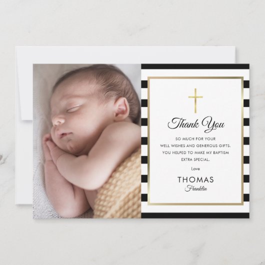 Gold Cross Striped Baptism Christening Foto Bedankkaart (Voorkant)