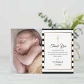 Gold Cross Striped Baptism Christening Foto Bedankkaart (Staand voorkant)