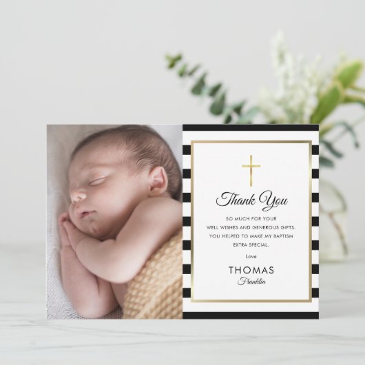 Gold Cross Striped Baptism Christening Foto Bedankkaart (Staand voorkant)