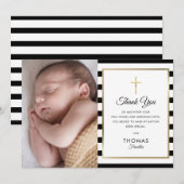 Gold Cross Striped Baptism Christening Foto Bedankkaart (Voorkant / Achterkant)