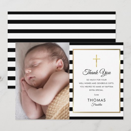 Gold Cross Striped Baptism Christening Foto Bedankkaart (Voorkant / Achterkant)