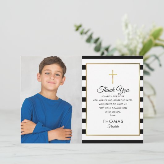 Gold Cross Striped First Heilige Communfoto Bedankkaart (Staand voorkant)