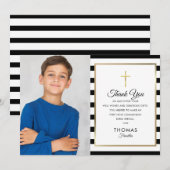 Gold Cross Striped First Heilige Communfoto Bedankkaart (Voorkant / Achterkant)