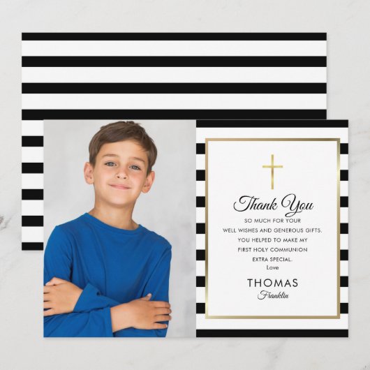 Gold Cross Striped First Heilige Communfoto Bedankkaart (Voorkant / Achterkant)