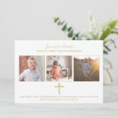 Gold Cross Tri Foto Modern First Commune Kaart (Staand voorkant)