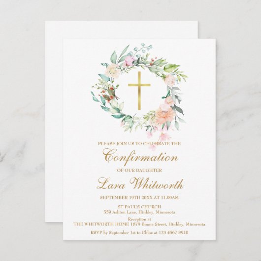 Gold Cross Waterverf Bloemen Bevestiging Uitnodiging Briefkaart (Voorkant / Achterkant)