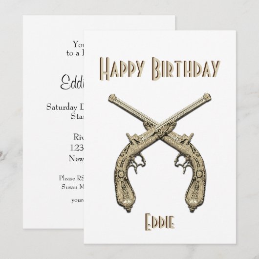 Gold Crossed Pistols Blue Birthday Party Invitat Kaart (Voorkant / Achterkant)