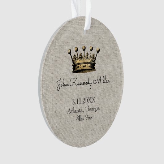 Gold Crown Baby Geboorte Aankondiging Keepsake Lin Ornament (voorkant)