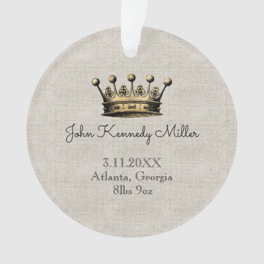 Gold Crown Baby Geboorte Aankondiging Keepsake Lin Ornament (voorkant)
