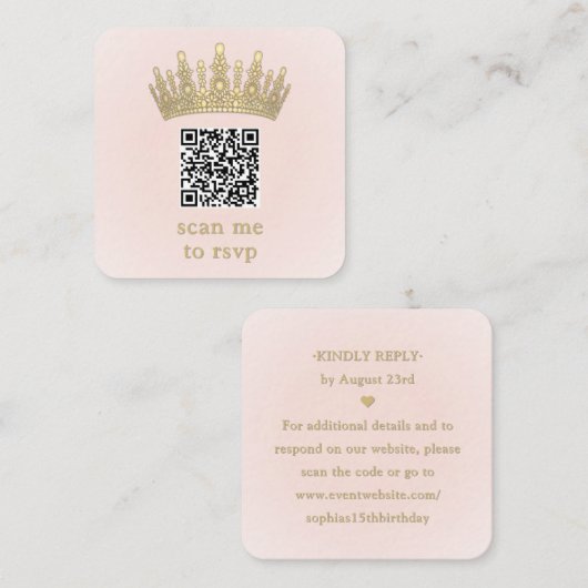 Gold Crown Blush Pink Quinceañera Scan Me QR RSVP Informatiekaartje (Voorkant / Achterkant)