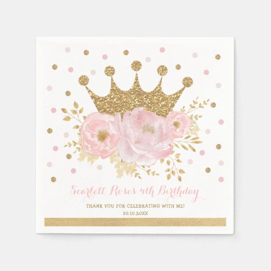 Gold Crown Blush Roze Bloemen Prinses Verjaardag Servet (Voorkant)