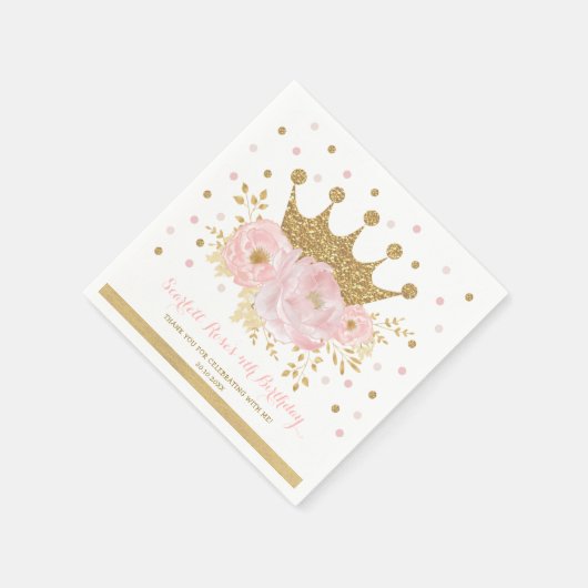 Gold Crown Blush Roze Bloemen Prinses Verjaardag Servet (Hoek)